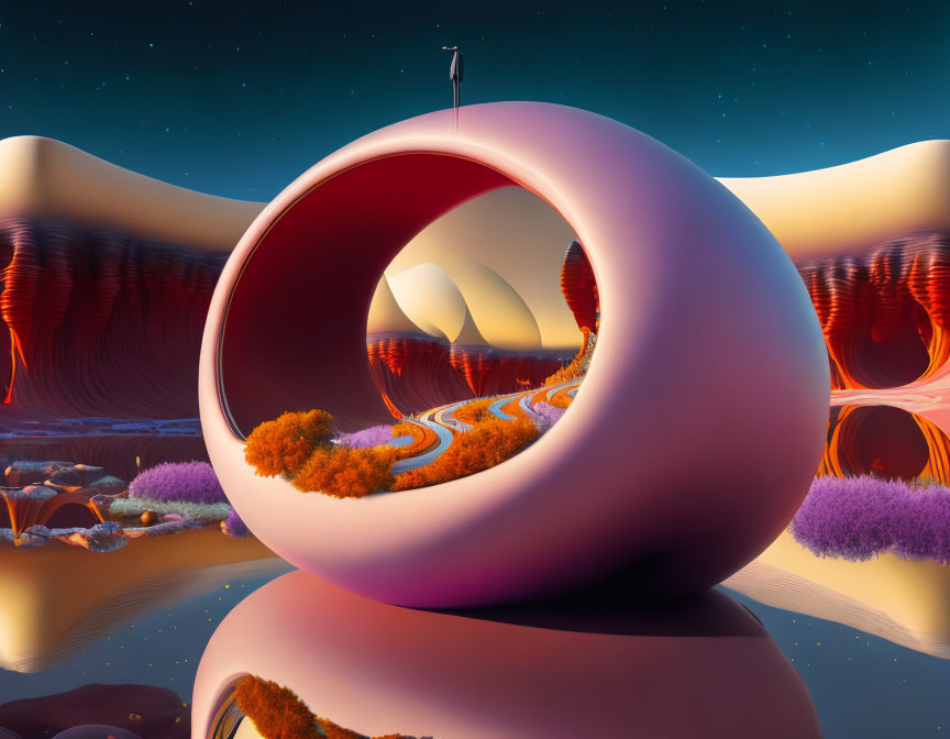 Futuristic habitation pod in stylized desert landscape