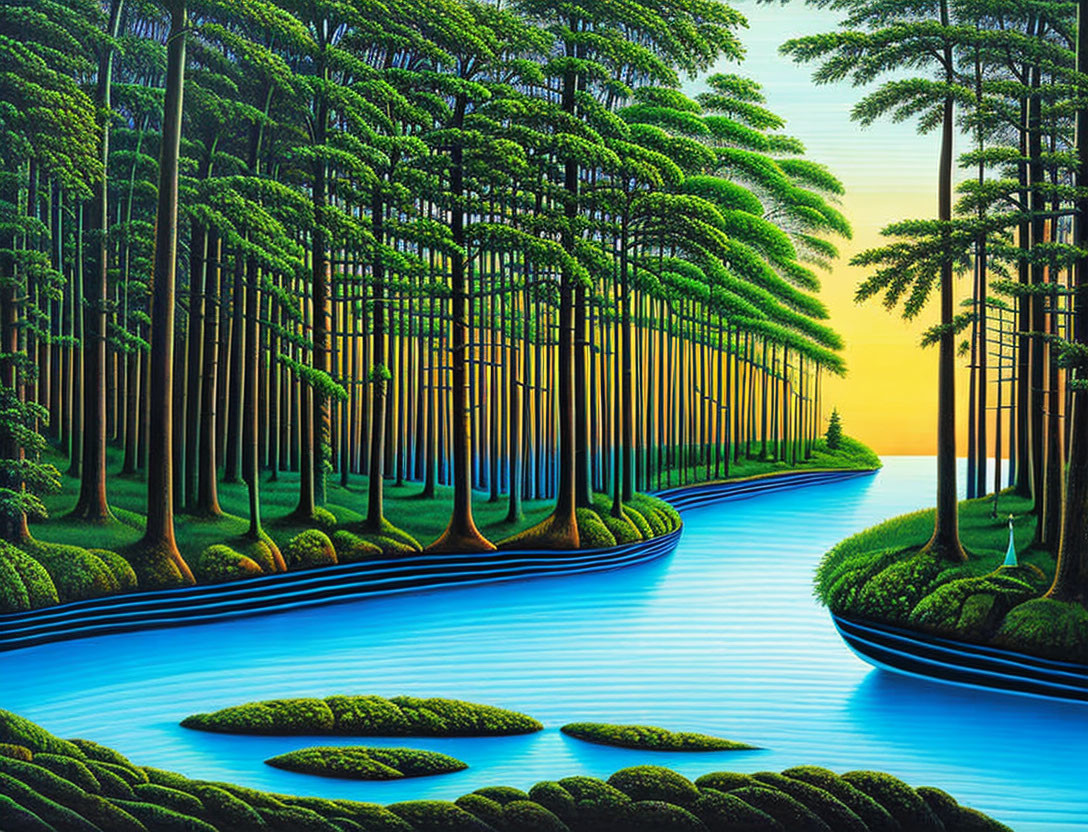 Surreal forest painting with umbrella-like trees by calm river at sunset