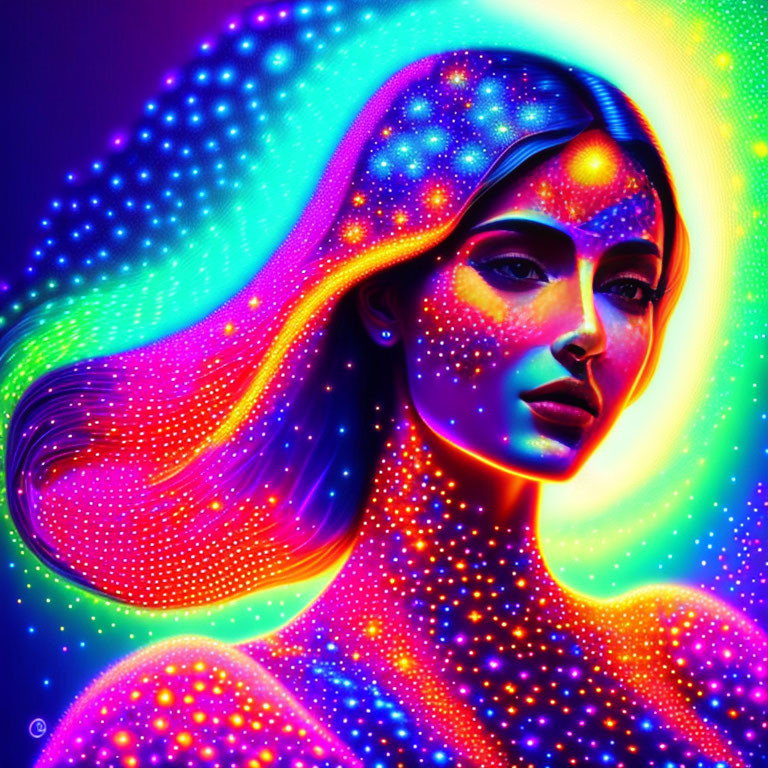 Colorful digital artwork of a woman with neon colors and cosmic star-like dots.