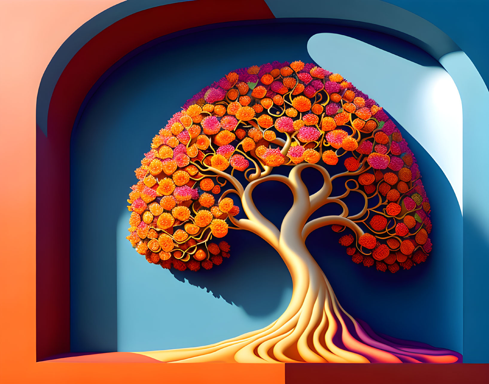 Vibrant digital artwork: colorful tree with orange blossoms under blue and purple archway