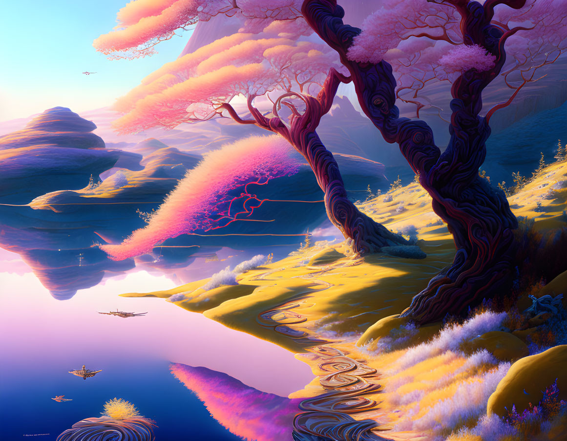 Colorful Fantasy Landscape with Pink Trees, Purple Hues, and Golden Grass