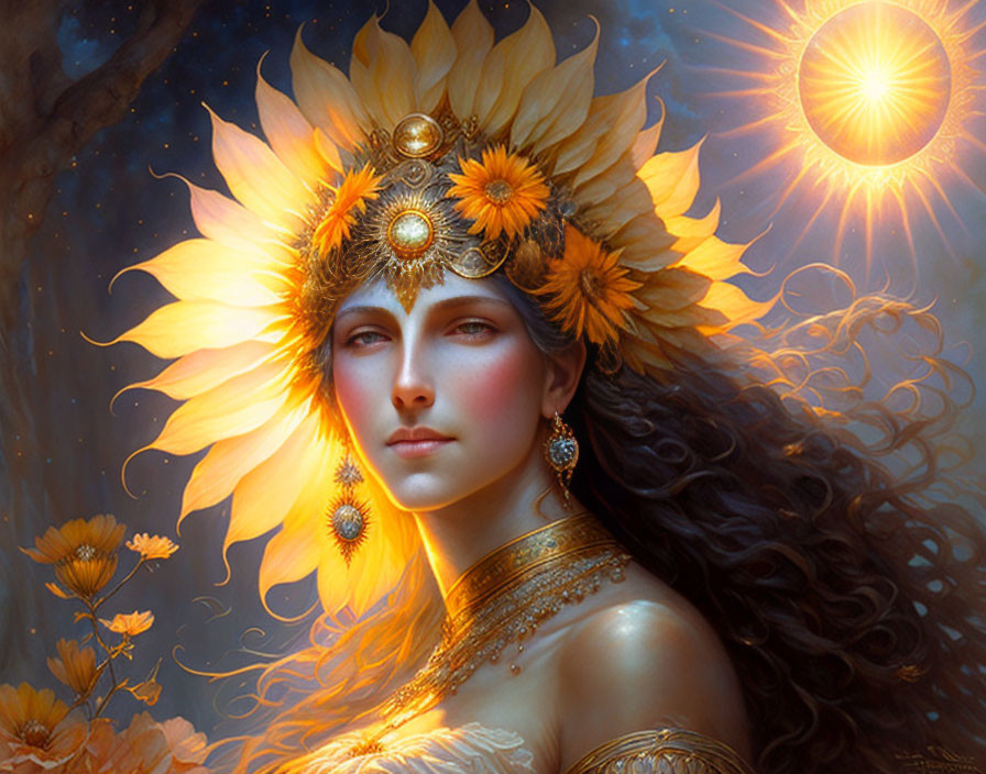 Woman with Sunflower Headdress in Ethereal Setting