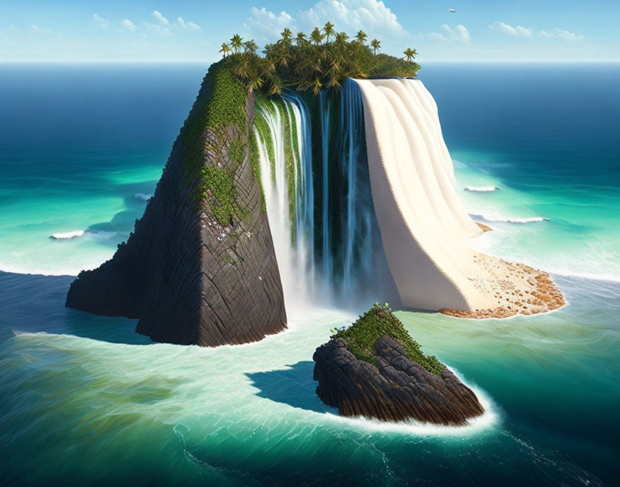 Tranquil island scene with waterfall into sea