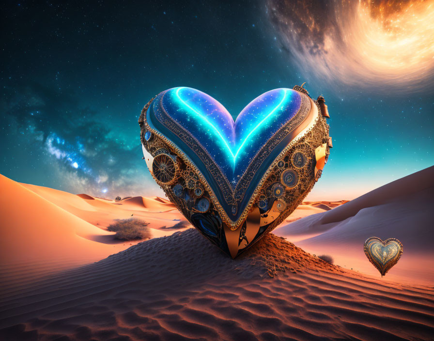 Ornate mechanical heart glowing blue in desert dune under starry sky