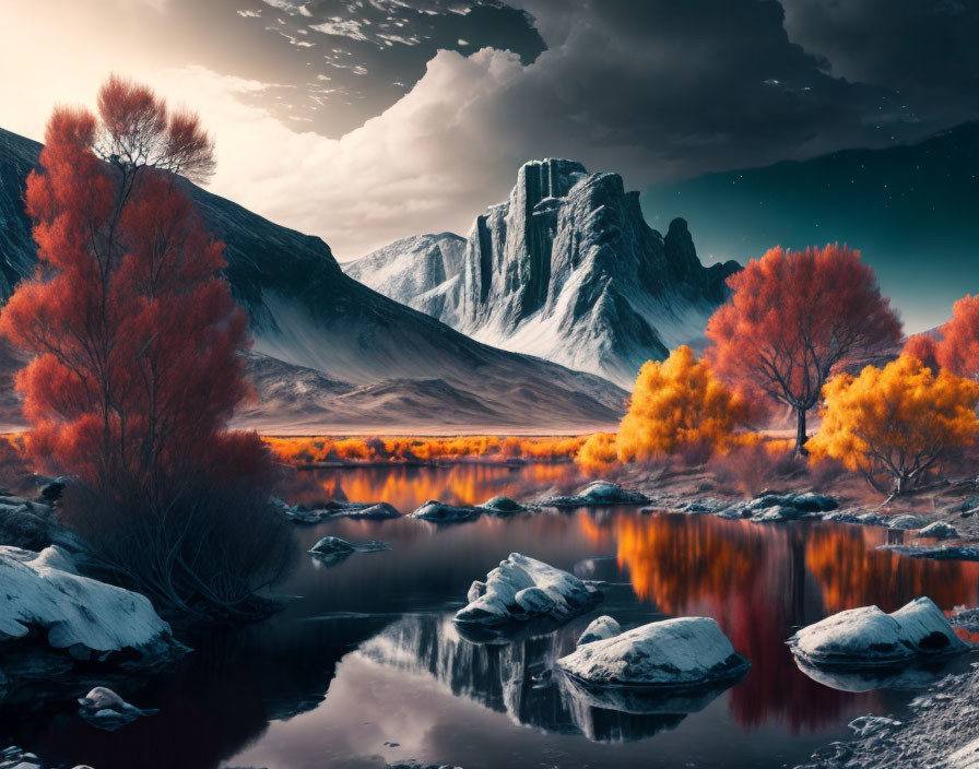 Dramatic Infrared Landscape with Fiery Foliage and Mountain Backdrop