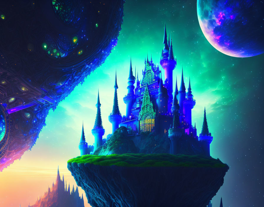 Luminescent Castle on Fantastical Floating Island Amid Cosmic Stars