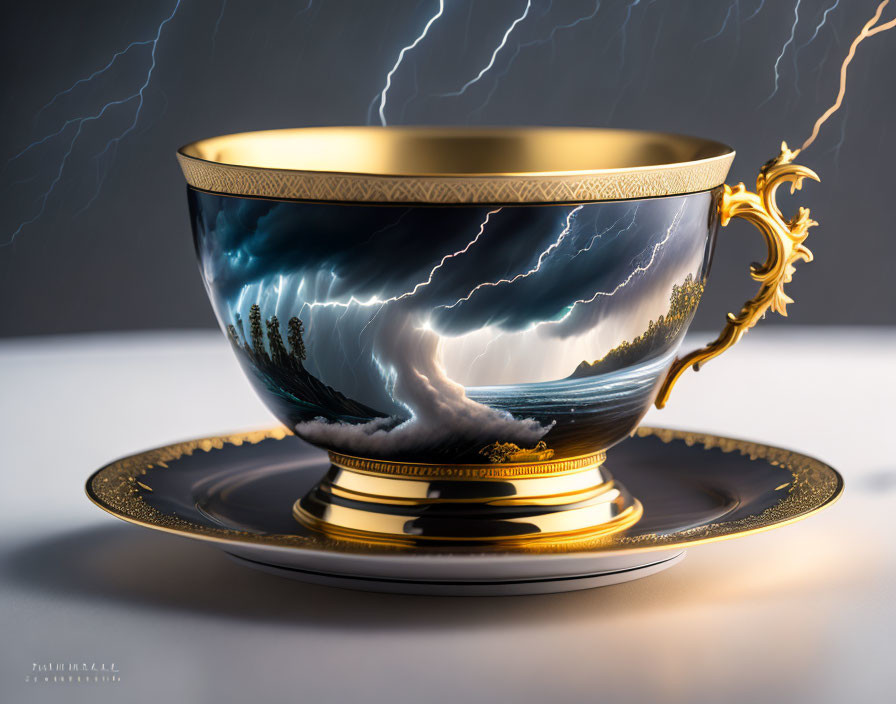 Golden ornate cup and saucer featuring stormy sea and lightning design.