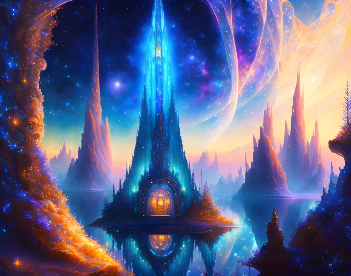 Fantasy landscape with glowing structure, spires, calm waters, and starry sky