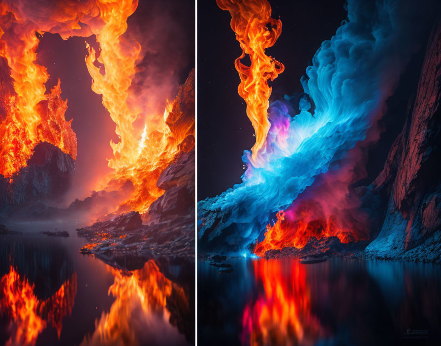 Split-image: Fiery lava meets glowing blue ice on water surface