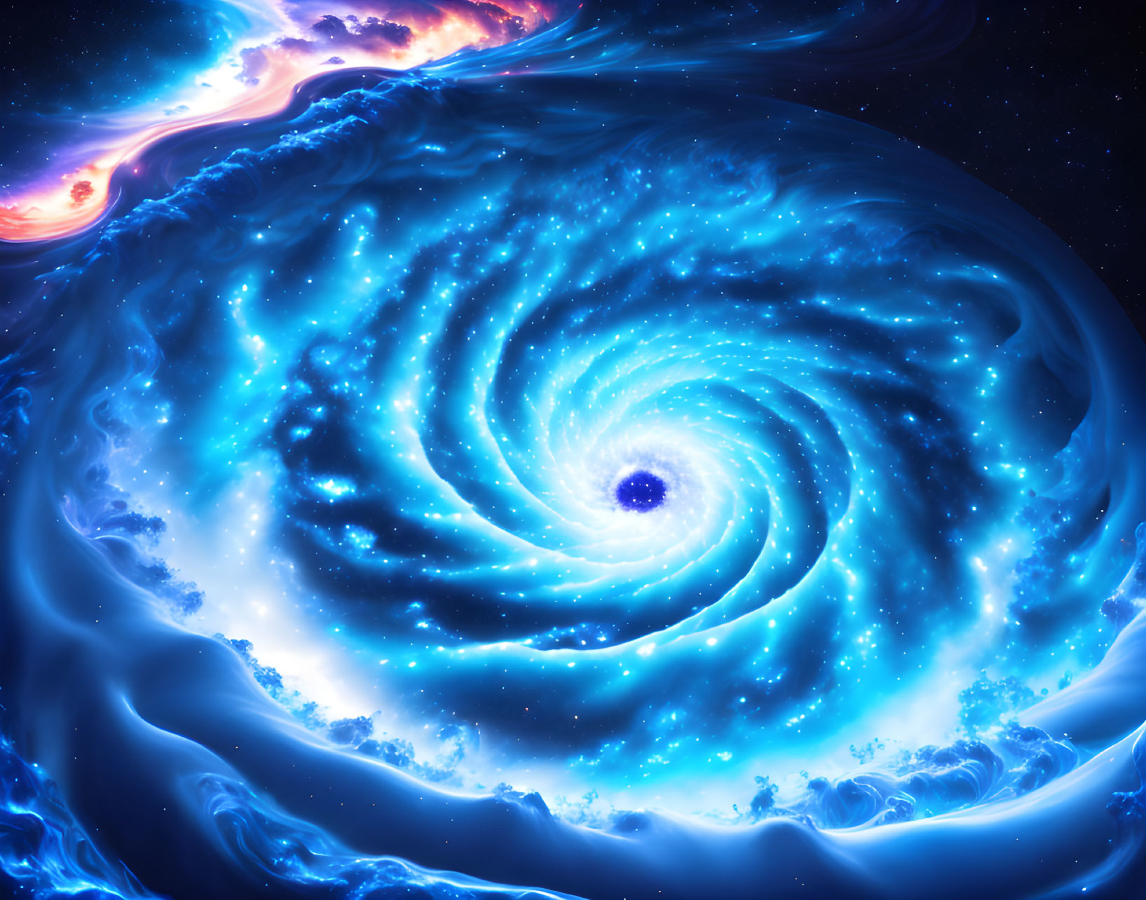 Swirling galaxy with bright blue core and magenta accents