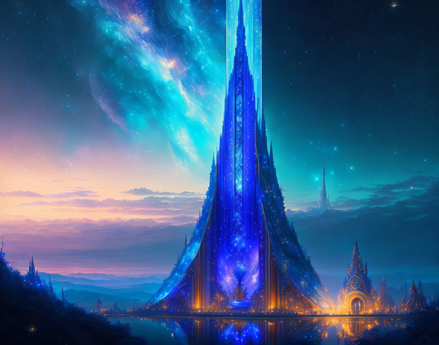 Majestic fantasy landscape with luminous blue spire and starlit sky