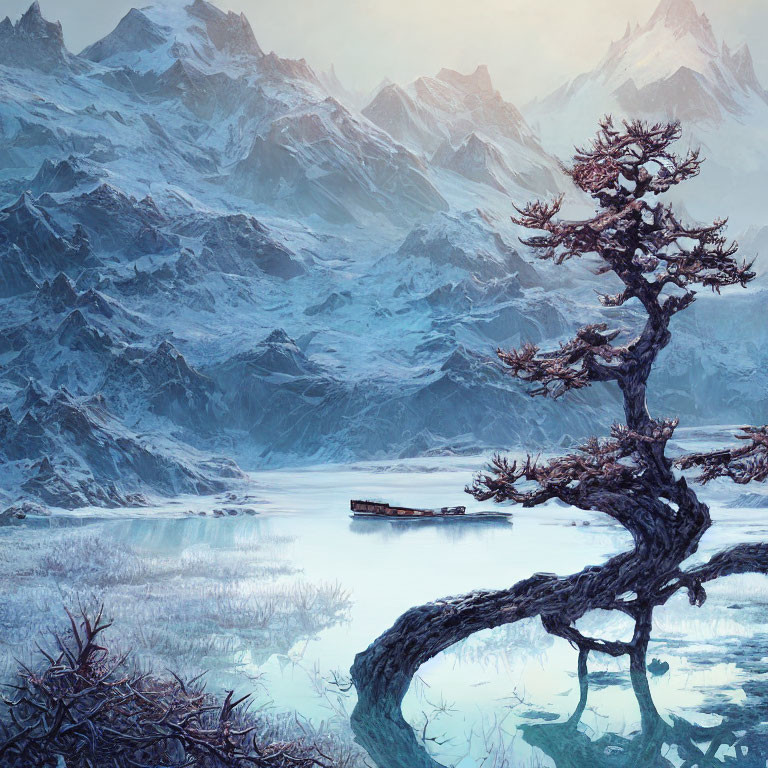 Crooked tree overlooking icy lake with snowy mountains