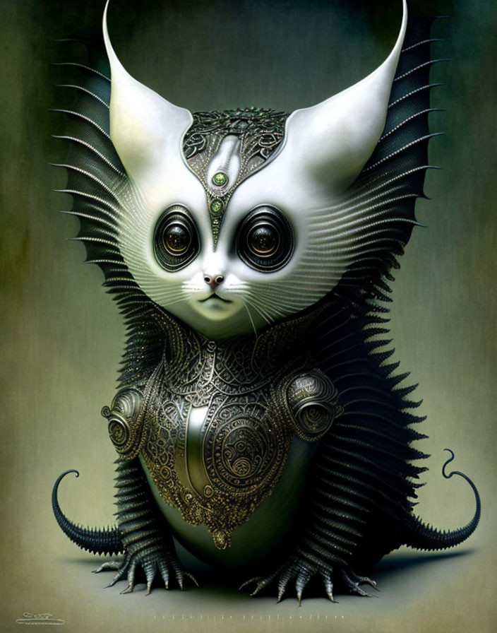 Fantastical cat-like creature with large ears and ornate metallic armor details