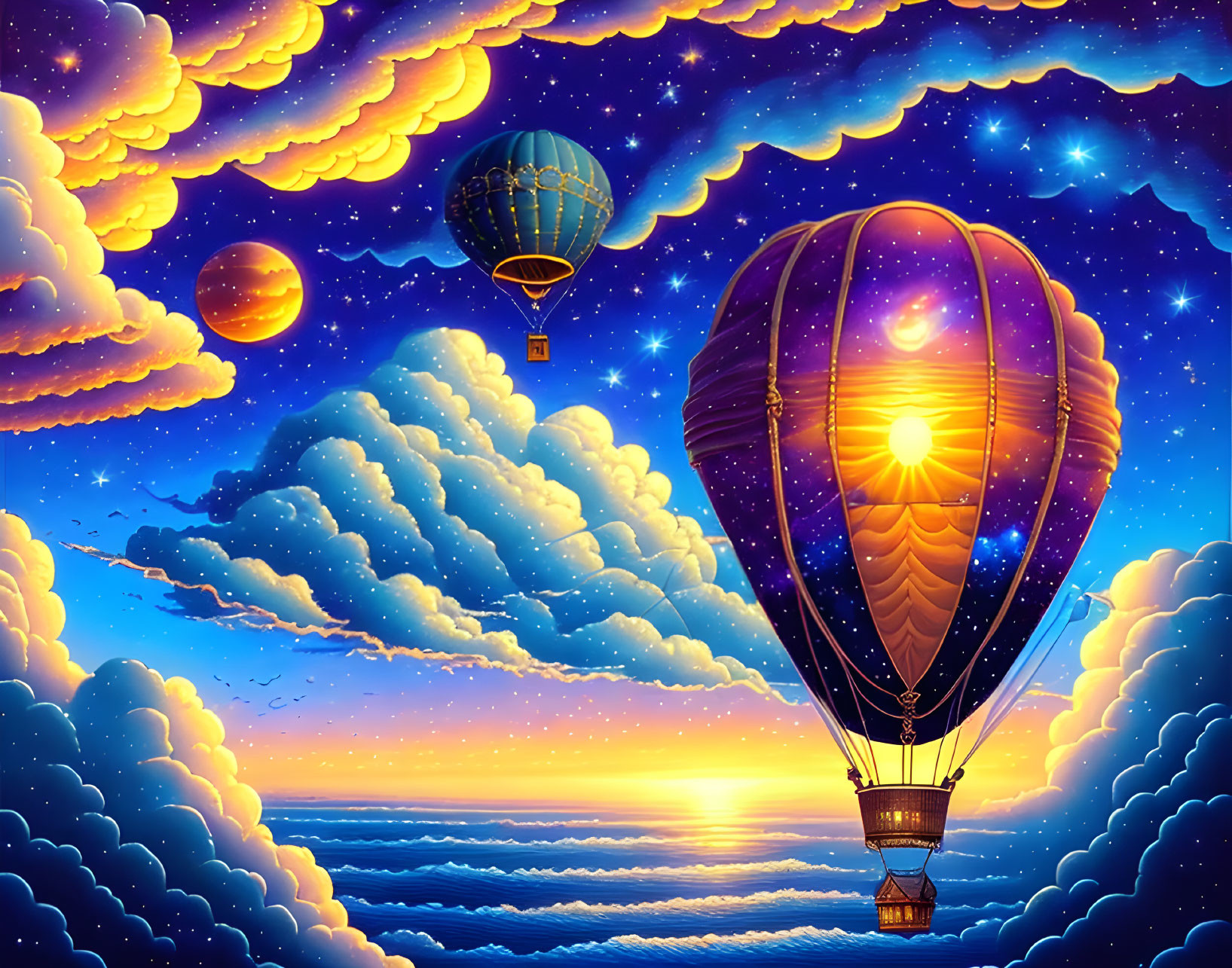 Colorful digital artwork: Hot air balloons in sunset sky with planets