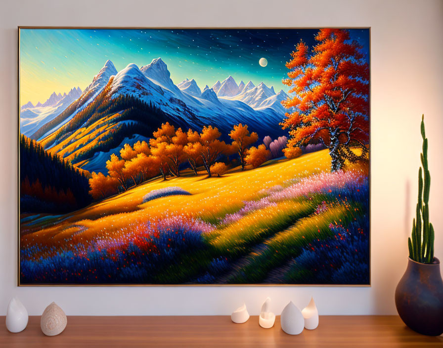 Colorful mountain landscape painting with autumn trees and purple flowers in a room setting.