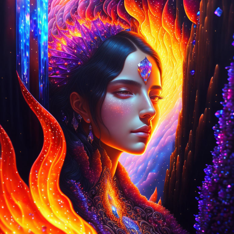 Illustrated woman with fiery wings and regal headdress on vibrant flame background