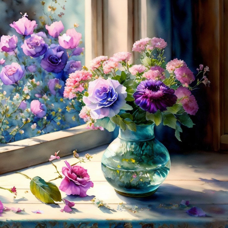 Colorful bouquet of purple and pink flowers in blue vase by sunlit window