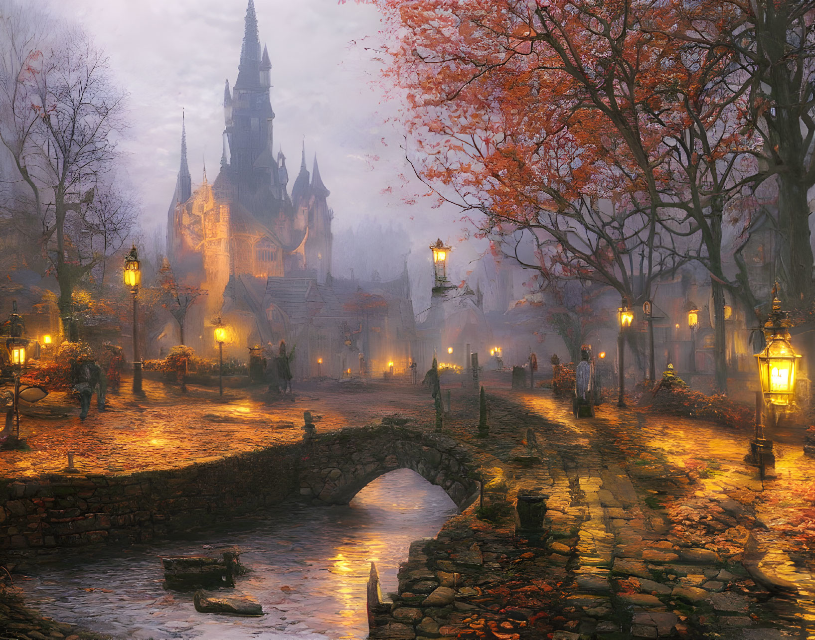 Autumnal castle scene with cobblestone path, lanterns, mist, and bridge