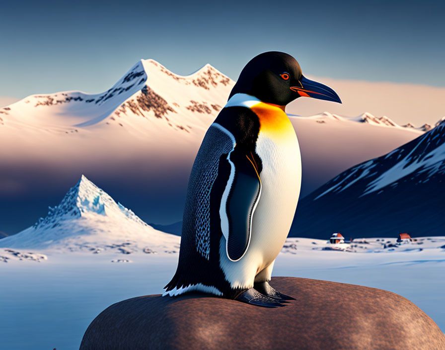 Penguin on rock with snowy mountains and settlement in background