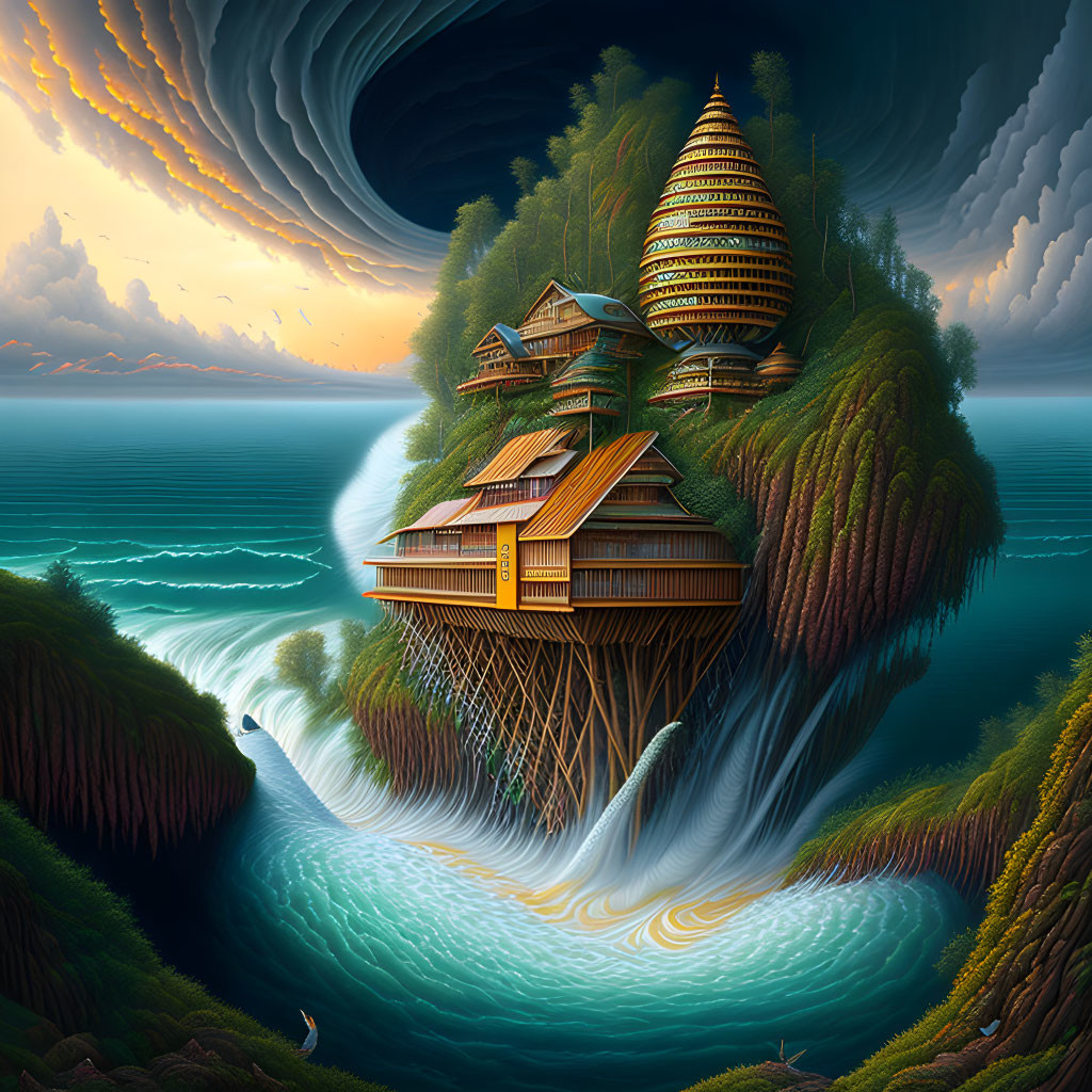 Cliffside seascape with swirling vortex, wooden buildings, and greenery