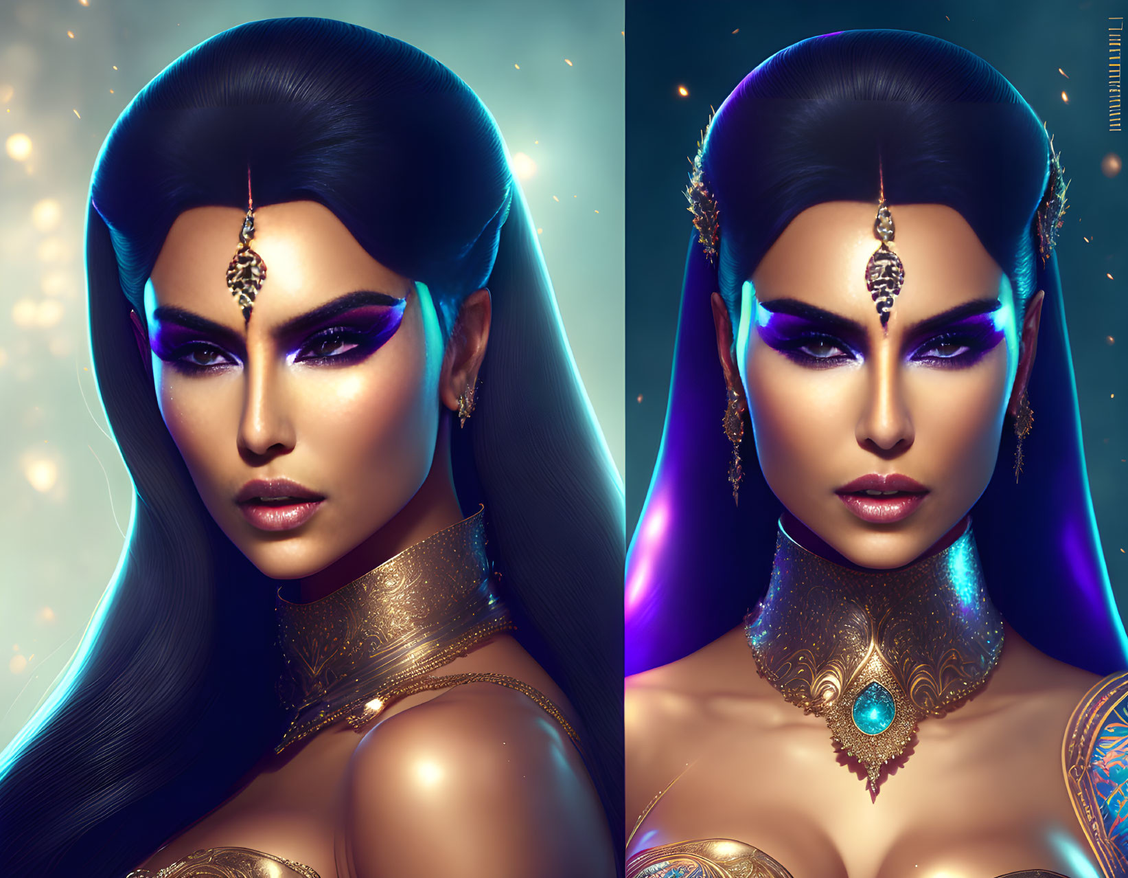 Woman with Striking Makeup and Elaborate Jewelry in Ethereal Cosmic Digital Art