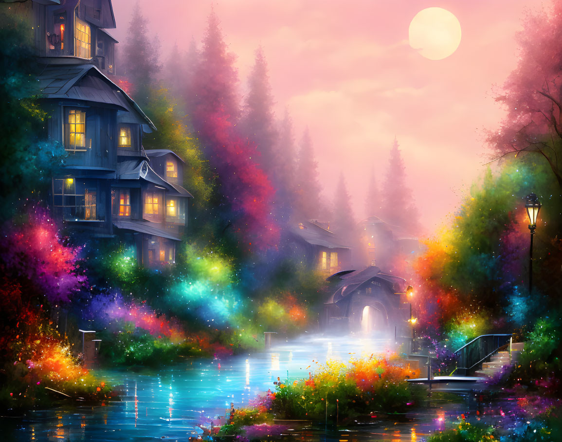 Colorful Glowing Village by Serene Waterway at Twilight