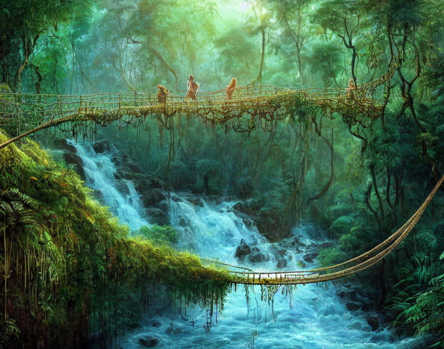 Rope bridge over waterfall with three people crossing in lush jungle