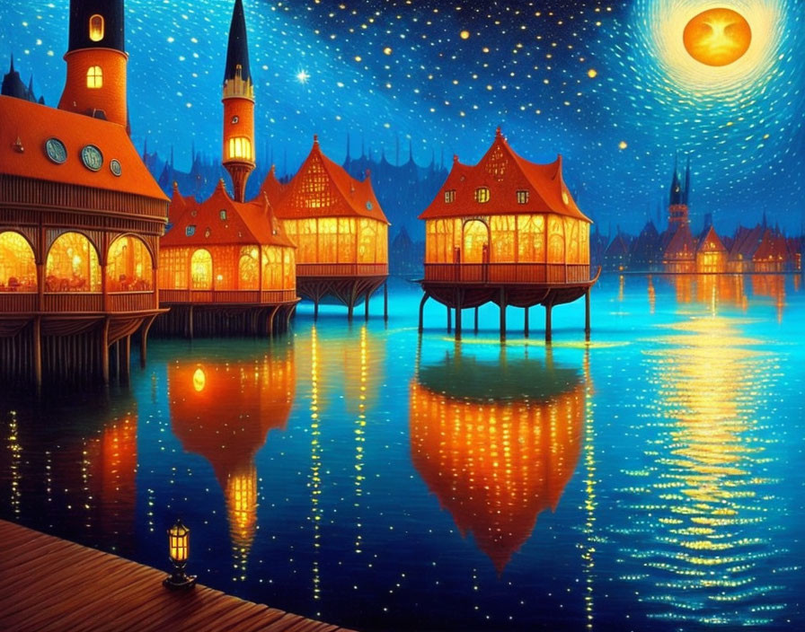 Starry night scene with illuminated wooden houses over water