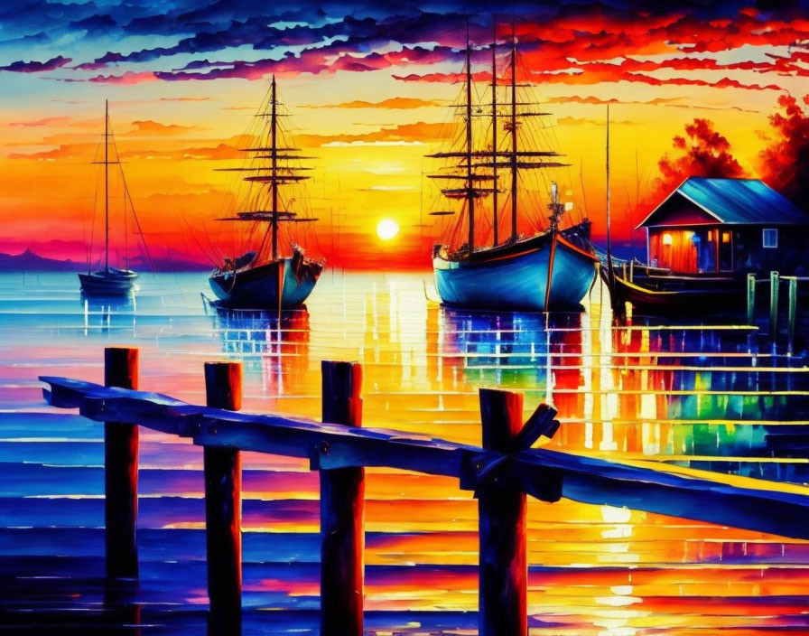 Colorful sunset scene with sailing ships and wooden pier on calm sea