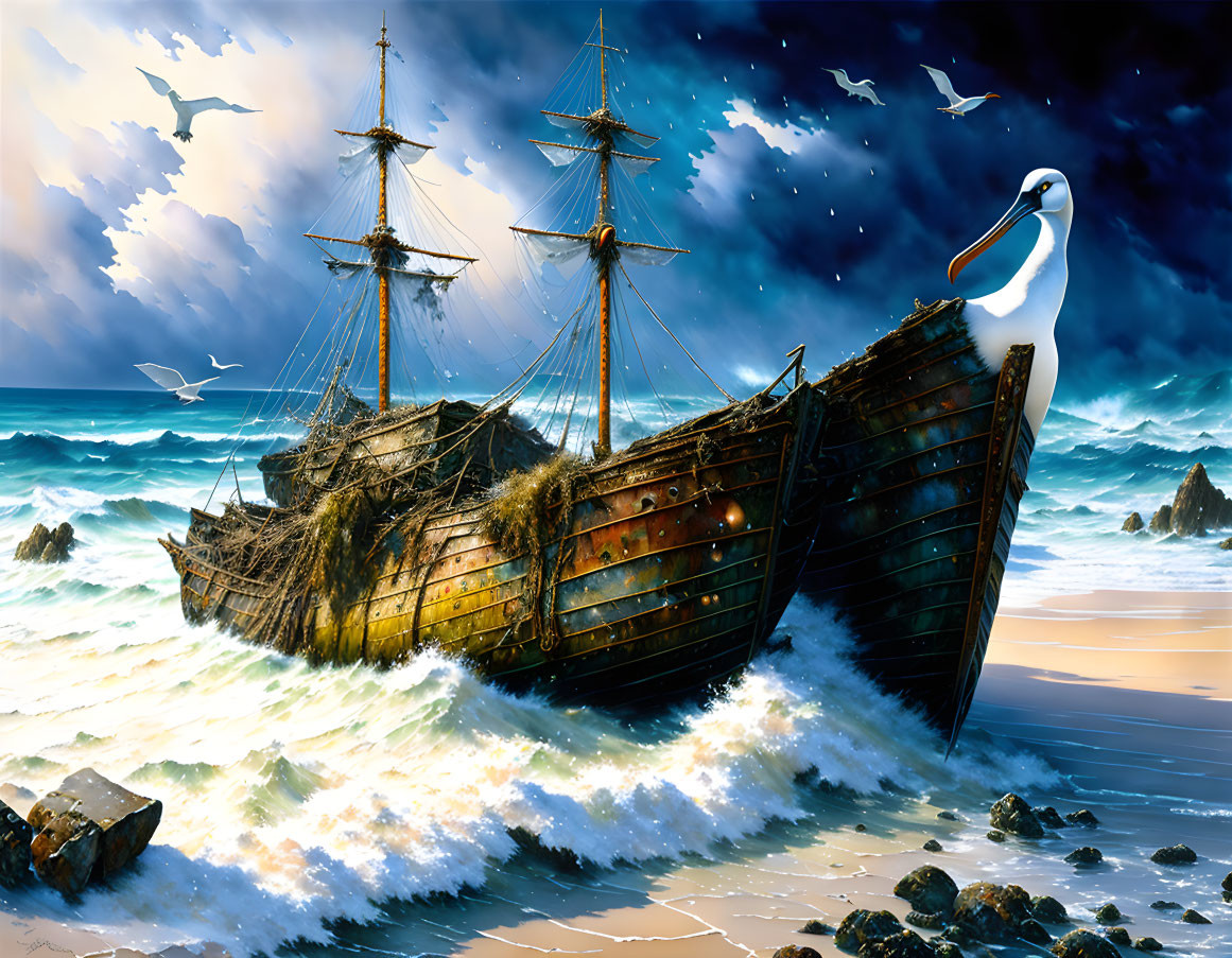 Digital artwork of a beached sailing ship at night with crashing waves and starry sky