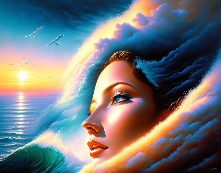 Surreal illustration of woman's face merging with seascape