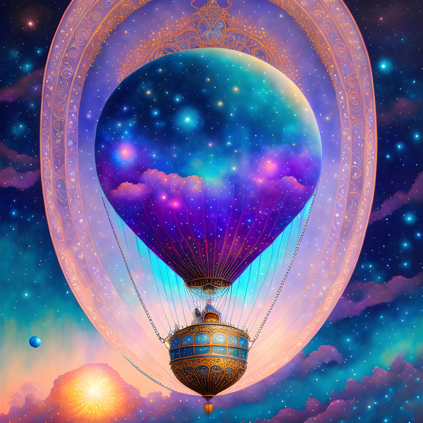 Intricately designed fantasy hot air balloon in cosmic sky