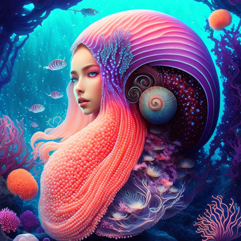 Surreal image of woman with ocean-inspired elements