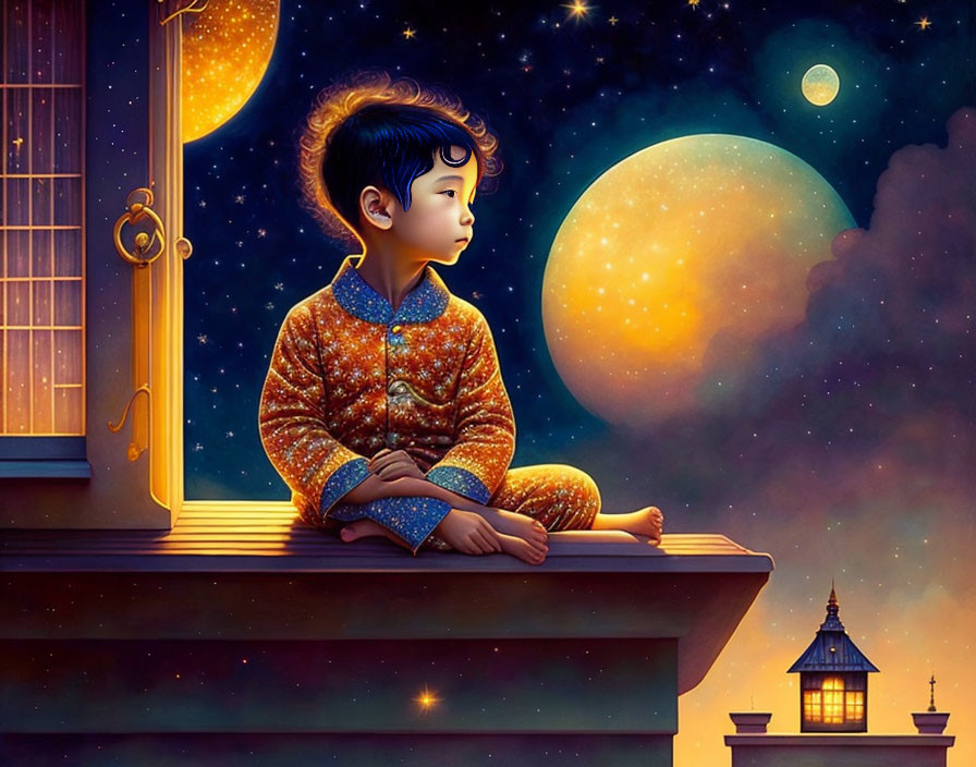 Child on balcony at night admiring starry sky in cosmic-themed pajamas