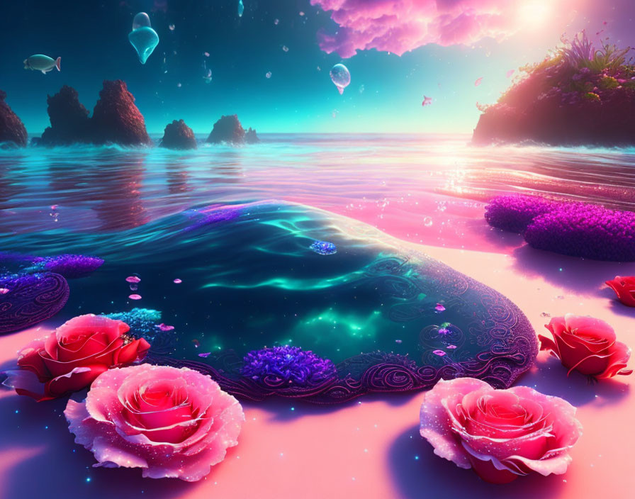 Fantasy landscape with glowing sea, jellyfish, pink skies, roses.