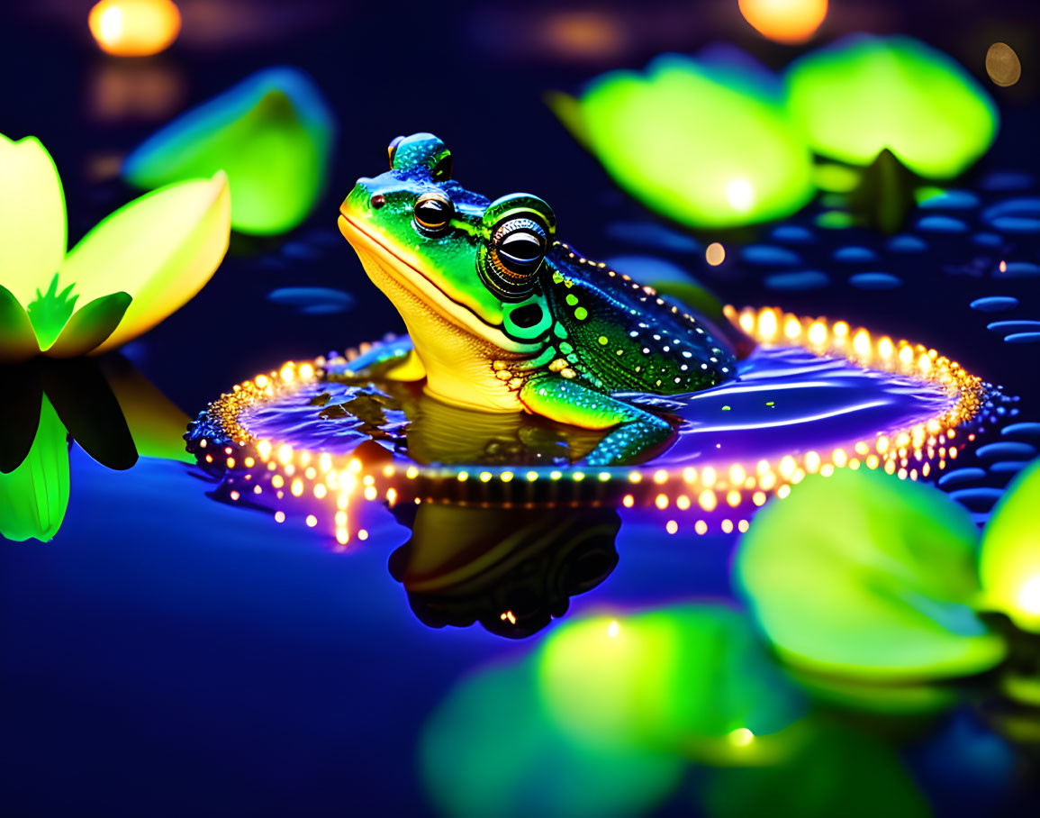 Colorful Frog on Vibrant Lily Pad Surrounded by Glowing Water