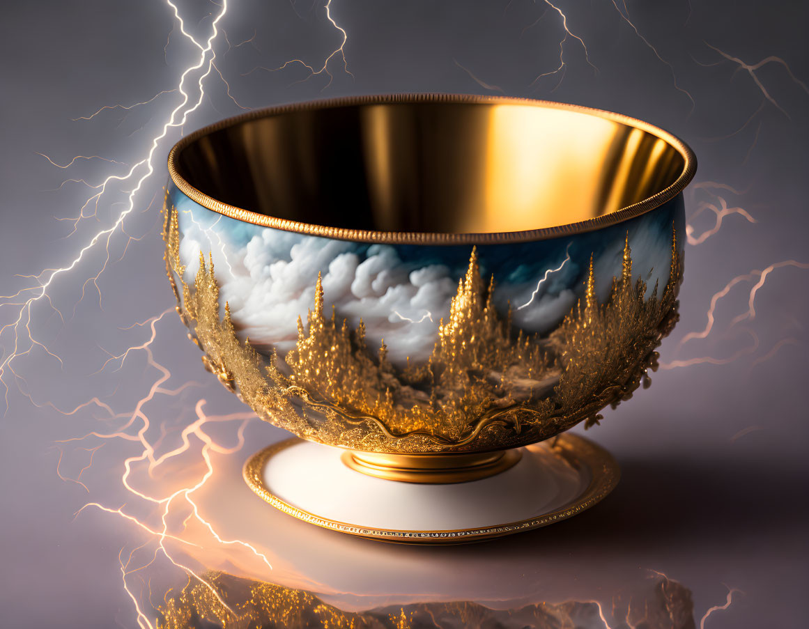 Intricate Golden Bowl Reflecting Stormy Sky