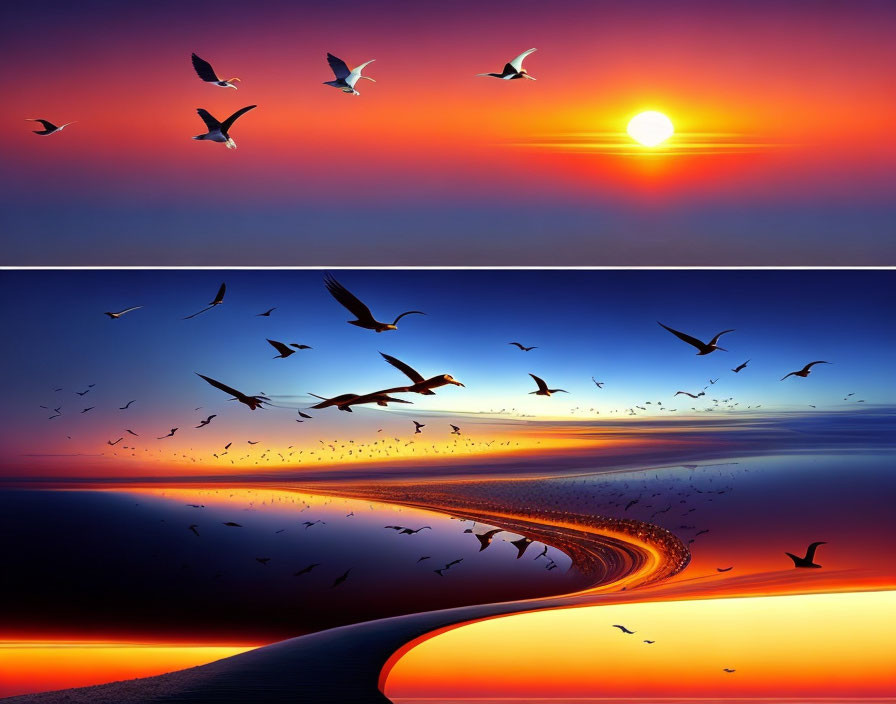 Colorful sunset with birds flying over river and gradient sky