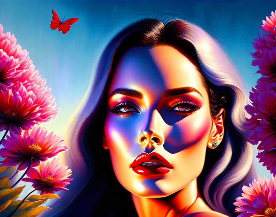 Colorful digital artwork featuring woman, pink flowers, and red butterfly