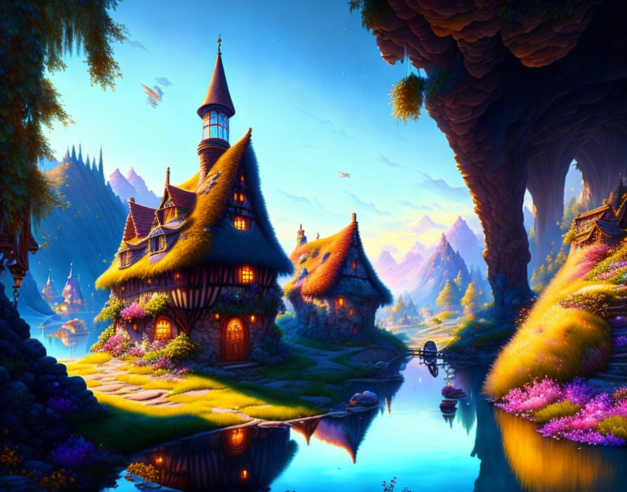 Colorful Fantasy Landscape: Enchanting Cottage, Lake, Flora, Mountains