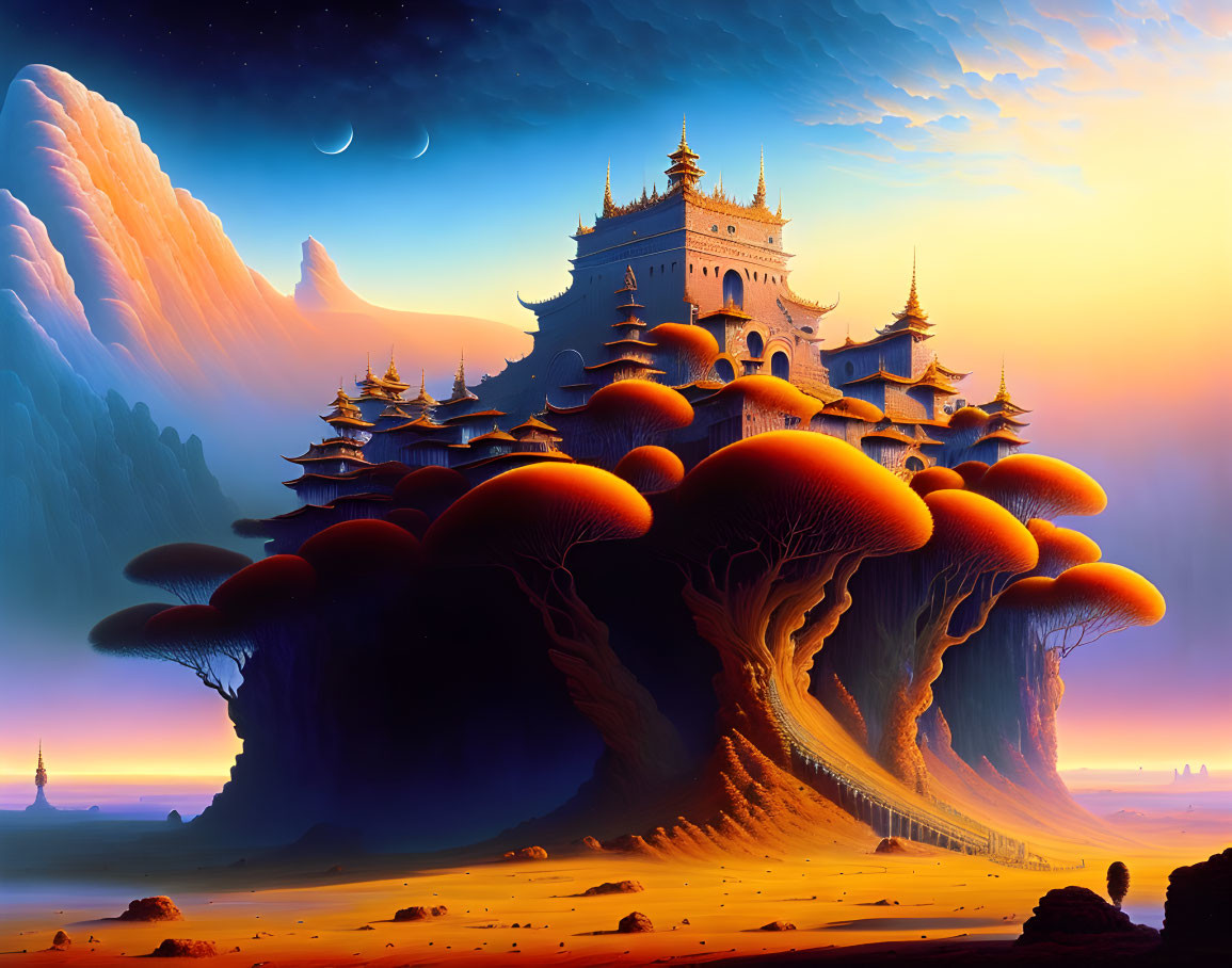 Fantasy landscape with castle on giant mushrooms under sunset sky