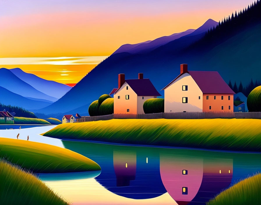 Serene landscape with houses by river, mountains, and sunset sky