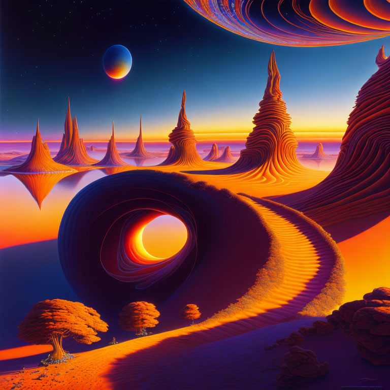 Surreal orange landscape with sand dunes, rock formations, trees, and moon