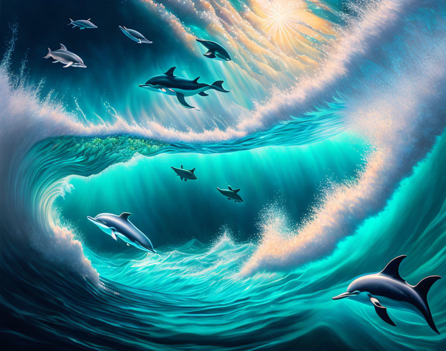 Playful dolphins swimming under vibrant sunlit wave with flying seabirds