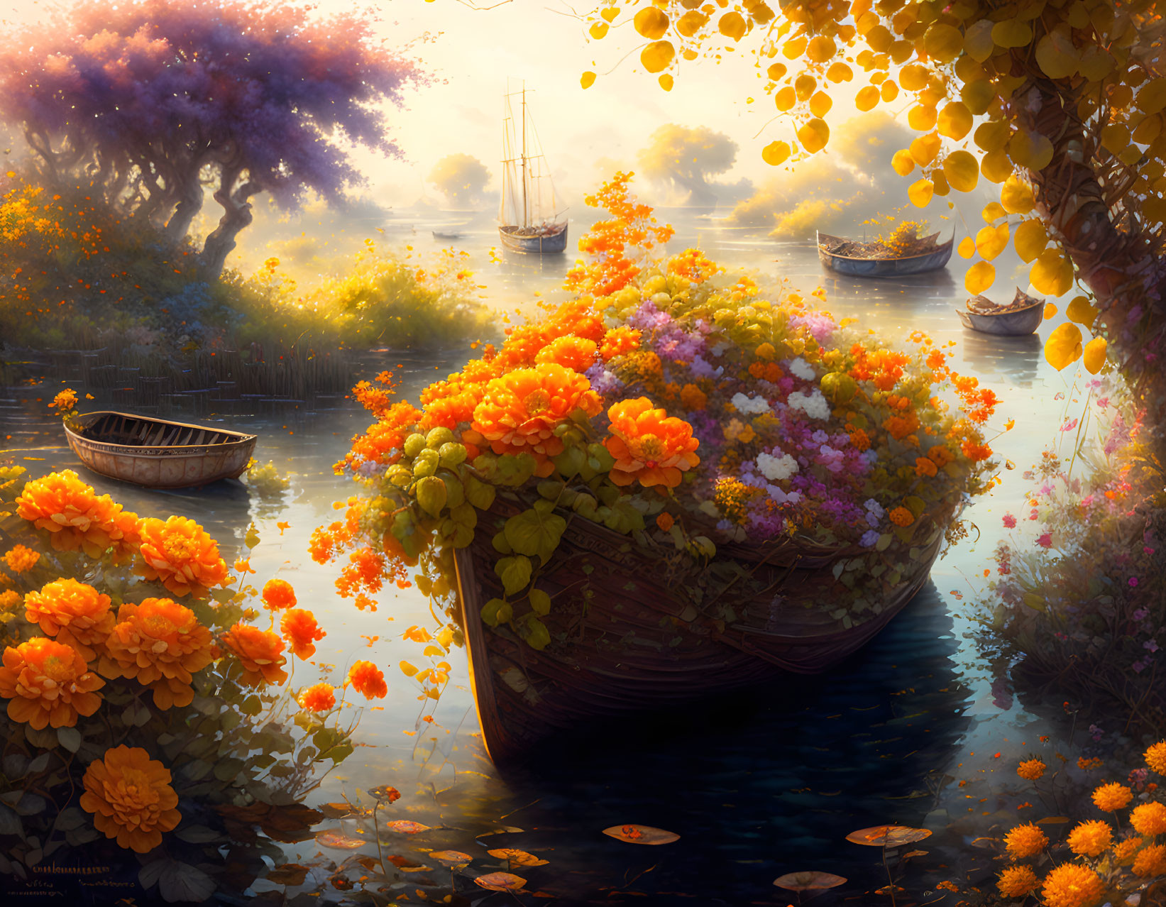 Tranquil autumn river scene with vibrant flowers and golden foliage