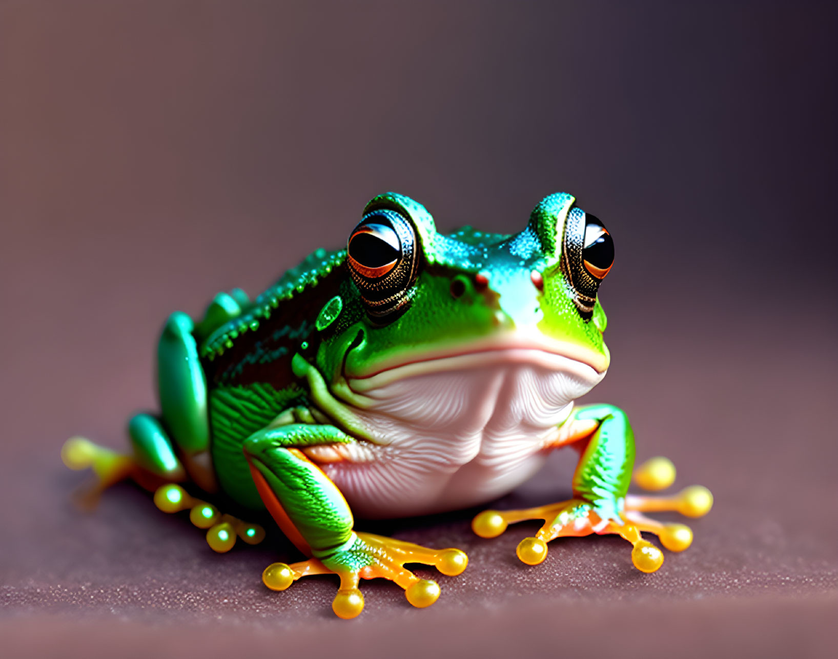 Colorful Frog with Orange Feet and Black Eyes on Brown Background