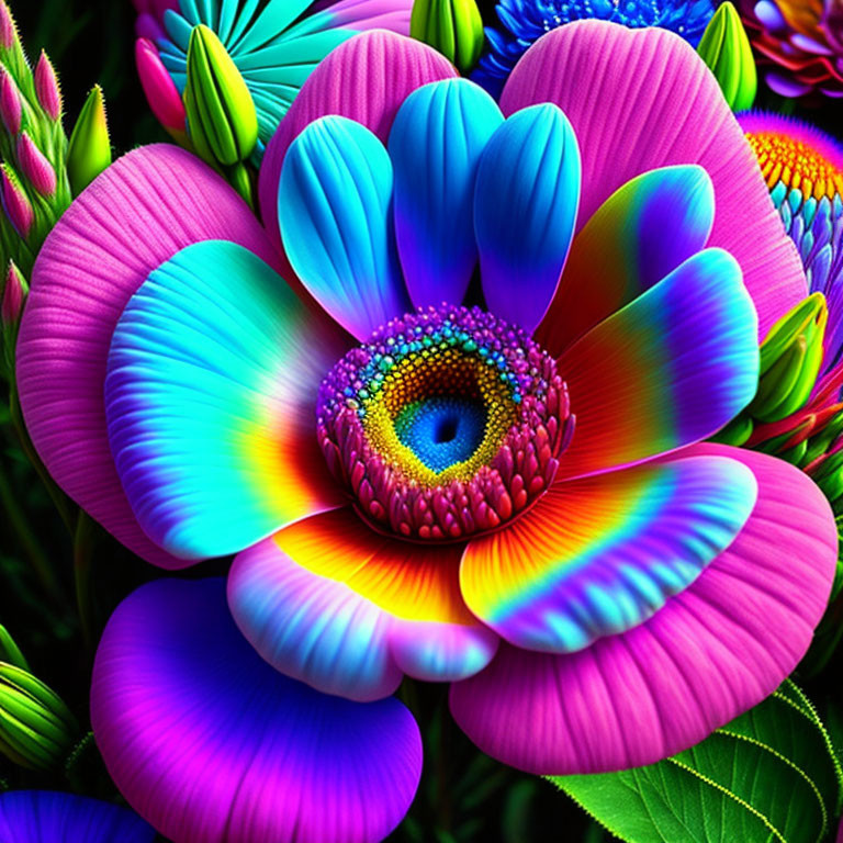 Colorful Psychedelic Flower Artwork with Neon Gradients