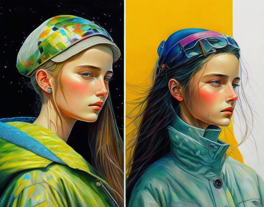 Stylized portraits of a woman in camo cap and yellow jacket, and blue goggles with green