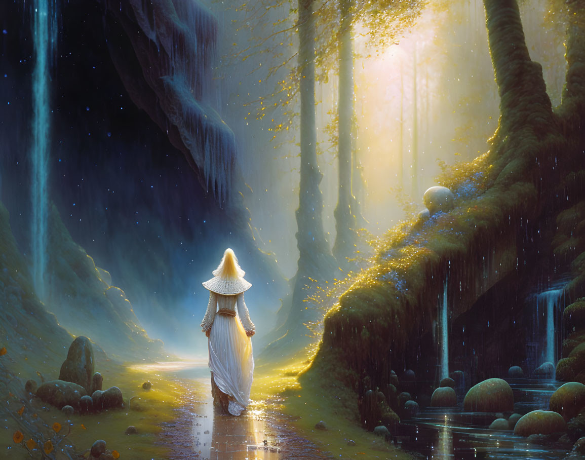 Mystical forest scene with cloaked figure and waterfalls