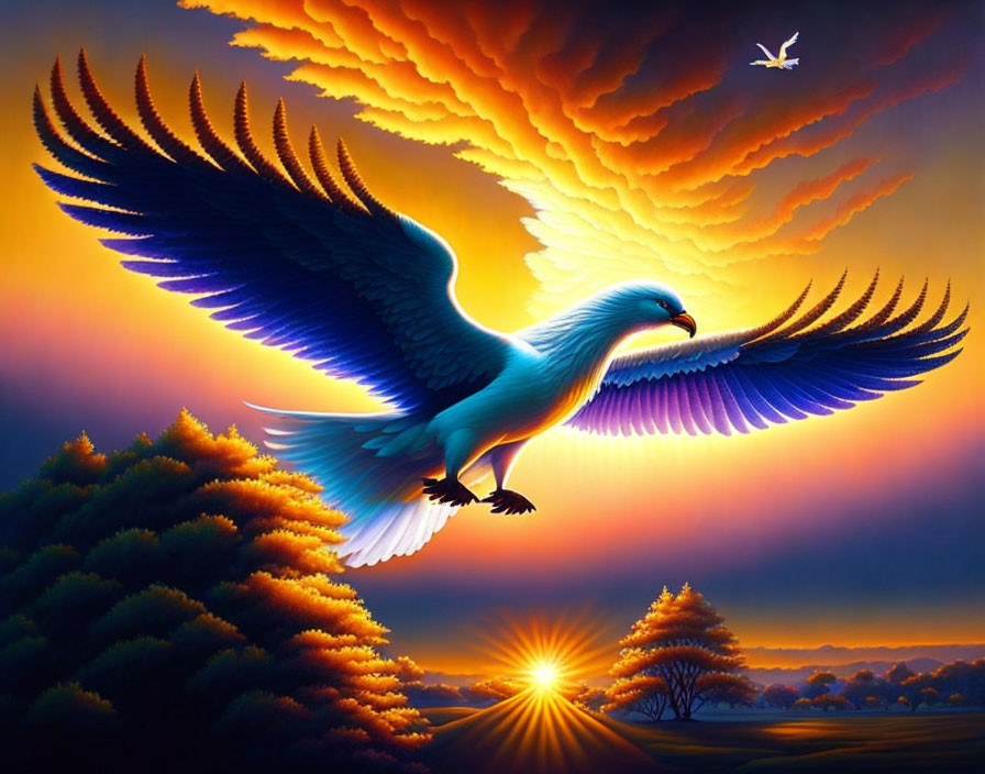 Colorful mythical bird flying over scenic landscape at sunset